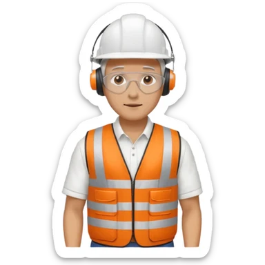 Guy with white head protection with ear noise canceller and orange vest With spanner. On his side carrying side panels for the white server racks sticker
