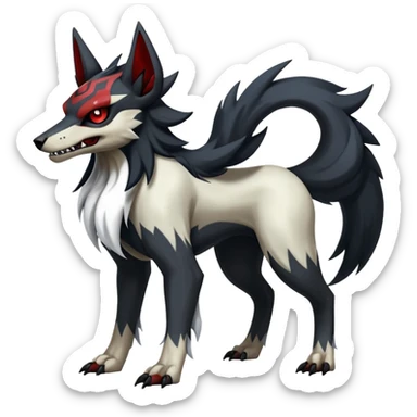 Shiny Exotic Excessive Mysterious Houndoom-Mightyena-Zorua-Zoroark-Zangoose-Houndour-Pokémon-Fakémon-hybrid-creature (full body) with a dog-skull sticker