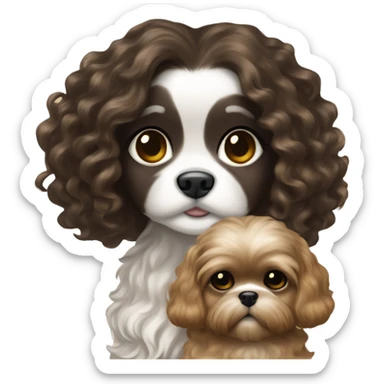 Young dark brunette curly kin hair woman with a golden shih tzu in her arms long wavy hair sticker