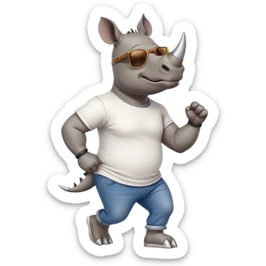 friendly anthropomorphised rhino in jeans and t-shirt, wearing dark sunglasses, jogging upright, relaxed pose sticker