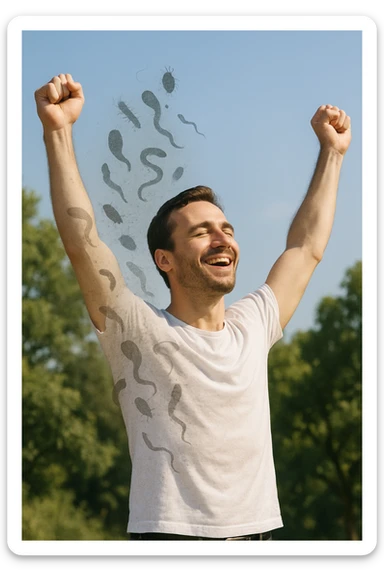 a man stands outdoors in bright sunlight, arms raised in relief and joy, while faint, shadowy silhouettes of parasites fall away from his body and dissolve into the air. His posture is upright and energetic, his expression serene and healthy. The background features green trees and a clear sky, emphasizing liberation and restored well-being. sticker