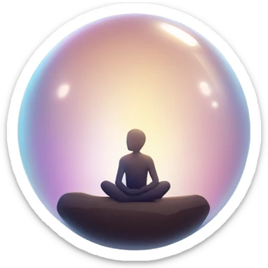 A minimalist figure sitting calmly inside a large, glowing bubble. The bubble shimmers with subtle gradients or lines, symbolizing introspection and protection. sticker