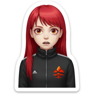 Crie um emoji de uma menina zumbi  com o cabelo vermelho longo com uma franja reta casaco de gola alta da adidas sticker
