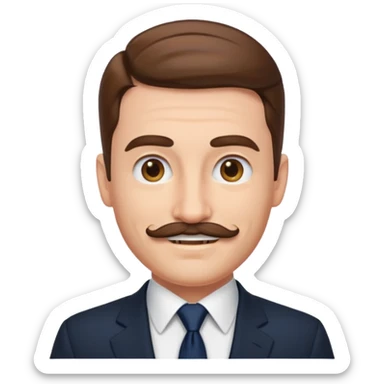smiling Caucasian man emoji, slicked back brown hair, black suit, navy tie, mustache sticker