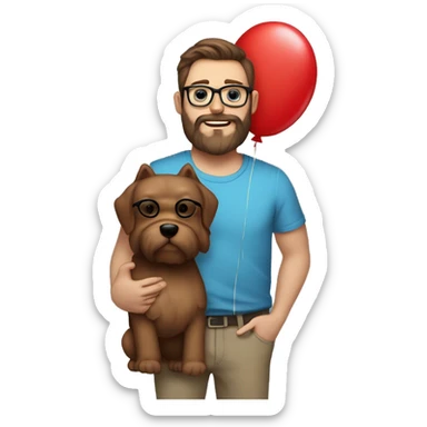 Heavy caucasian young dad, with a big brown beard and black rectangle glasses and brown hair he’s holding a red balloon animal shaped like a dog sticker
