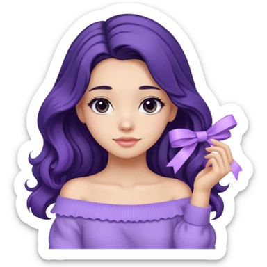 Girl with black wavy long hair and a lavender ribbon hair clip beside it make it look like wearing a lavender off shoulder sweater  sticker