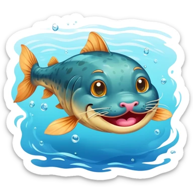A happy catfish with long, curly mustaches swimming gracefully in a clear blue river, cartoon style, simple and expressive, vibrant colors sticker