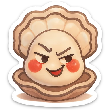Enhance the cute oyster by adding soft shadows and pastel highlights, accentuating the cream and greige texture, giving the shell a pearly effect, making the cheeks redder, more luminous and natural, while keeping the mischievous expression and transparent background. sticker