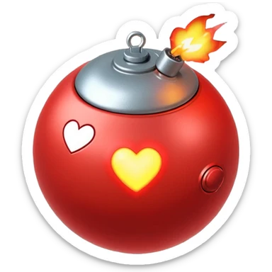 A spherical shaped bomb, red in colour, fuse burning with a heart. sticker