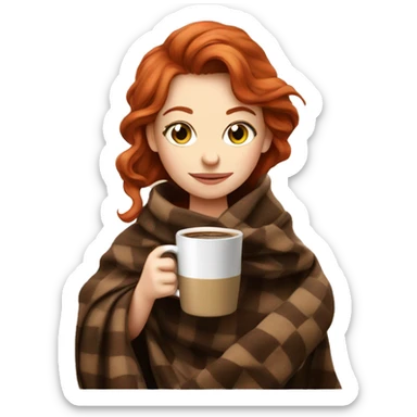 a red-haired girl, wrapped in a brown checkered blanket, drinking coffee from a cup shaped like a stuffed animal sticker