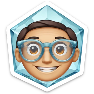 A single crystal gemstone character wearing glasses, chunky and irregular with faceted very sharp sides, smile, , high detail, soft lighting, centered on a plain dark background sticker