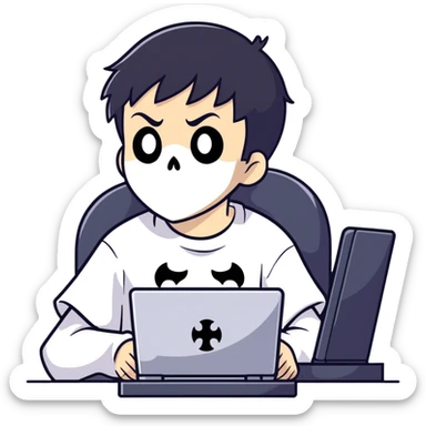 Cool gamer boy with black hair wearing a ghost face tee shirt and playing pc games  sticker