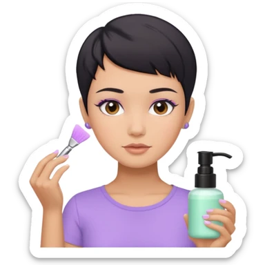 tan girl with pastel purple shirt with black hair & a pixie, doing her skin care sticker