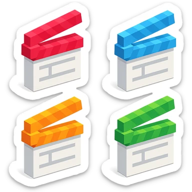 isometric view group of movie clapperboards in voxel style, white bodies with each lid a different bright color sticker