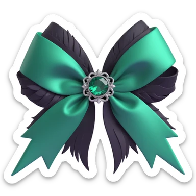 3D emoji gothic bow, dark emerald satin, silver filigree, and black feather accents sticker
