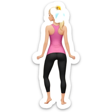 Render from knees up, view from the back, fair skinned woman, thin, long blond hair, cooking dinner in kitchen, pink loose tank top, showing natural B cup breast shape SFW, black yoga pants, perfect booty sticker
