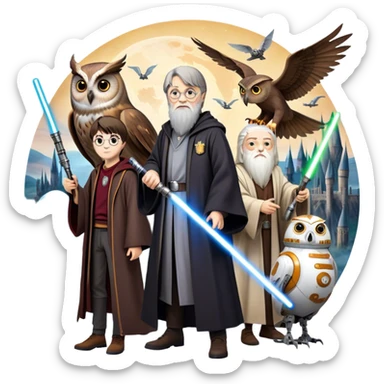 Icon for Fantasy and Sci-Fi Movies: Collage featuring Harry Potter with his wand, Dumbledore, Luke Skywalker with a lightsaber, and futuristic robots. Background with a magical planet, Hogwarts, flying owls, and spaceships. Epic and magical atmosphere. Transparent background. sticker