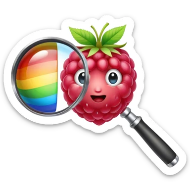 a raspberry holds a rainbow colored magnifier with its budding from handle of magnifier sticker