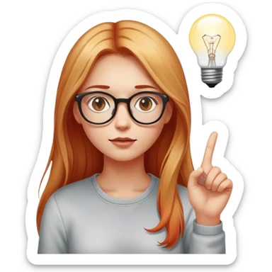 intelligent and clever, 30 year old, girl, long red and almost blond hair, glasses, has an brillant idea, one light bulb next (not over) her head in the air, casual cloth  sticker