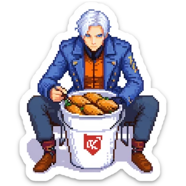 Vergil from Devil May Cry sitting in a KFC bucket, blue coat, white hair, katana sticker