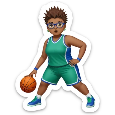 FULL BODY PLUS SIZE women with short hair SPIKEY HAIR and glasses playing basketball IN BLUE AND GREE UNIFORM NO WRITING sticker
