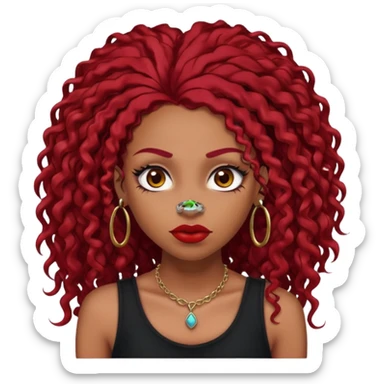 light-skinned black girl with very long eyelashes with long curly dark red hair with edges wearing a black top with no sleeves. and a red accessory on her head with nose and mouth piercings and is a baddie and looks like a bad girl. sticker