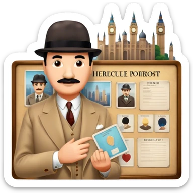 Icon for Detective Movies: A colorful collage with Hercule Poirot and mysterious city backdrop. Include a board with photos of suspects, clues like fingerprints and a crime scene. Retro movie poster style. Transparent background. sticker