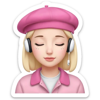 girl wearing a pink beret and AirPods Max headphones, listening to music with closed eyes sticker