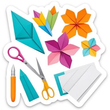 Paper crafting icon, various paper crafts like origami, paper flowers, and scrapbooking materials, visible tools such as scissors, glue stick, and paper sheets, colorful paper patterns, minimalistic style, clean lines, transparent background. sticker