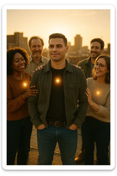 A cinematic scene of a man in his early 30s standing at the center of a sunlit urban rooftop during golden hour, surrounded by a diverse group of supportive, smiling people — friends, mentors, colleagues. They’re standing slightly behind or beside him, hands on his shoulder or gesturing toward him with encouragement. The man looks forward with a confident, inspired expression, body slightly relaxed, as if something inside di lui sta cambiando. The light behind the group forms a halo effect, emphasizing warmth and unity. Subtle visual symbolism: faint glow around their hands and hearts, suggesting their energy is uplifting him. Realistic clothing, modern style — jeans, T-shirts, casual jackets. The mood is inspiring, grounded, and full of potential. Shot in 35mm film style, with rich warm tones, shallow depth of field, and vibrant human detail. sticker