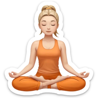 white woman with neat ponytail hairstyle, sitting in lotus position, meditating with closed eyes and serene expression, wearing light orange yoga outfit sticker