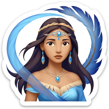 Cinematic Elegant Pocahontas Portrait Emoji, Standing serenely with a blue wind swirl around her, soft feathers in her hair, a tranquil yet powerful gaze, beauty beyond time, an ethereal aura of connection with nature, regal and enchanting! sticker