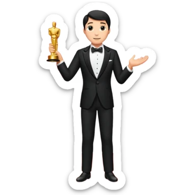 an actor standing on a red carpet with a formal tuxedo, with an oscar in his hand sticker