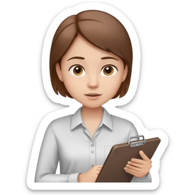 Intern or volunteer with brown hair holding a clipboard and pencil, ready to take notes or assist. The character wears a simple shirt and has an eager posture sticker