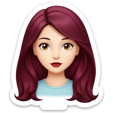 young glamorous woman 
Long waist-long hair
hair parted in the centre of her face
slightly wavy
dark burgundy hair 
 sticker