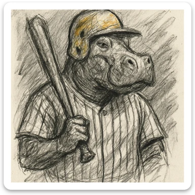 hippo holding a baseball bat, wearing a yellow helmet, pinstripes outfit sticker