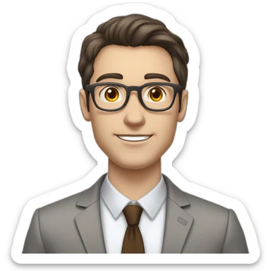 Pale skinned fit man with dark brown hair in gray jacket, beige office shirt, brown tie, brown pants and vintage glasses Writing on the flipchart sticker