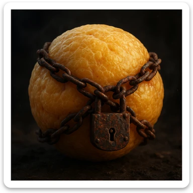 adipocyte with rusty chains and padlock, hyper realistic 4K, cellular details, dramatic atmosphere sticker