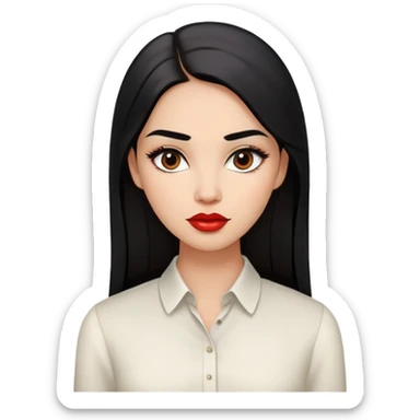 Young woman with oval face, high cheekbones, dark brown eyes, thick eyebrows, red lipstick, light brown skin, long straight black hair, wearing a white blouse sticker