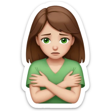 arms crossed holding neck crying girl with brown hair and green eyes sticker