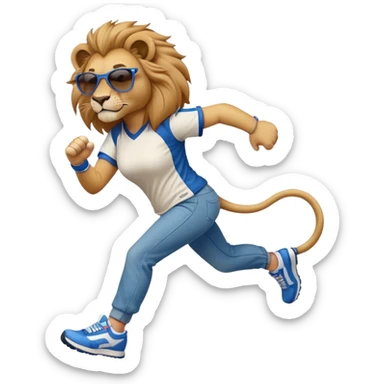 friendly anthropomorphised female lion wearing a baseball shirt, jeans, trainers, dark sunglasses, jogging upright, looking dominant and confident sticker