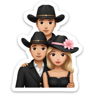 Couple black cowboy hat and beautiful elegant woman with Eiffel Tower in the background with pink delicate flowers sticker
