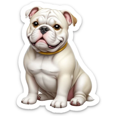 cinematic-[solid white english bulldog]-realistic-full-body-sitting-emoji,-tail-resting-loosely-beside-its-paws,-head-tilted-dramatically,-sleek-[solid white]-fur,-simplified-yet-realistic-focused-features,-highly-detailed,-glowing-with-an-almost-sarcastic-glow sticker