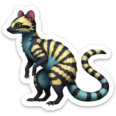 Rare warm-colored exotic edgy epic aesthetic gloomy spooky dark modern colorful cyber-Genet-Trico-Salandit-Civet-species-Fakemon-hybrid-creature, with beautiful intricate markings, full body sticker