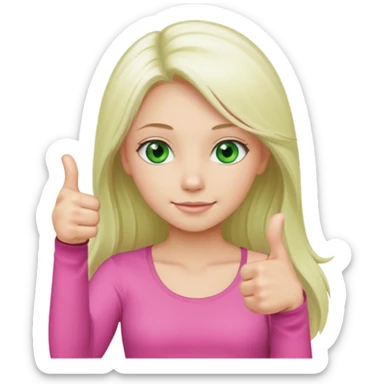 Long platinum blonde hair girl with green eyes in  pink top showing a thumbs up  sticker