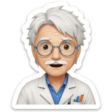 Portrait of an eccentric inventor with messy white hair, round goggles on forehead, wrinkled face with excited expression, wearing a slightly burnt lab coat, background of workshop with blueprints and tools sticker