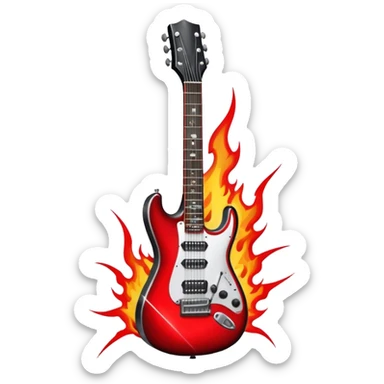 Create a fierce and edgy emoji representing hardcore rock vocal performance in a humanless collage. The design should feature a vintage microphone at the center, Add crossed drumsticks behind the microphone to symbolize the rhythm and power of the drums. surrounded by a menacing, distorted electric guitar with sharp, aggressive angles. Include subtle elements like lightning bolts, flames, or jagged sound waves to evoke the raw energy and intensity of hardcore rock. Use dark, intense colors like black, red, and silver, with a metallic, gritty finish to convey the rebellious, aggressive spirit of the genre. The background should be transparent. sticker