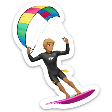 A kite surfer gliding across the water with a colorful kite soaring in the wind. The scene captures the excitement and fluid movement of the sport, with waves splashing around and a clear sky, emphasizing freedom and adventure. sticker