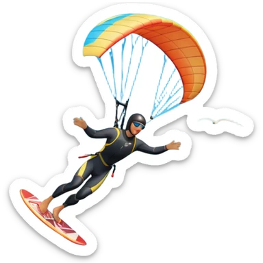 An athlete in a wetsuit, gliding above the waves on a kiteboard, holding onto a paraglider in the sky. The backdrop features a vibrant blue sky and rolling ocean waves, capturing the thrill and skill of the sport with a sense of freedom and adventure. sticker