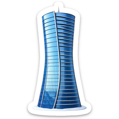 Apple style 3D emoji of the Evolution Tower from Moscow City.
Twisted skyscraper made of blue reflective glass, realistic reflections, light snow on the edges. Glossy 3D icon, smooth shading, high quality, isolated on a white background. sticker
